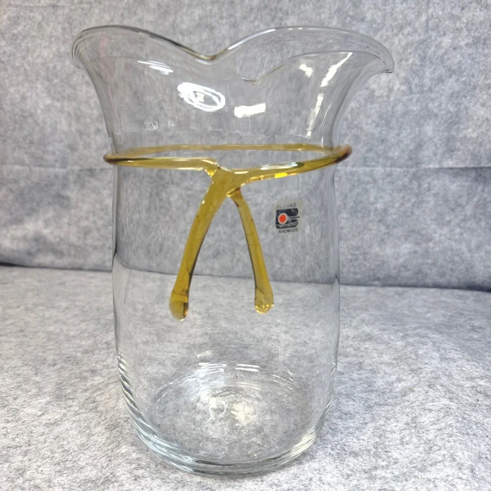 Blenko Art Glass Clear Pitcher Amber Wrap Tie Detail Handblown Vintage MCM 9.5